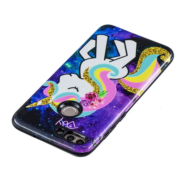 Embossed Rubberized PC TPU Hybrid Case for Huawei P Smart / Enjoy 7S - Unicorn