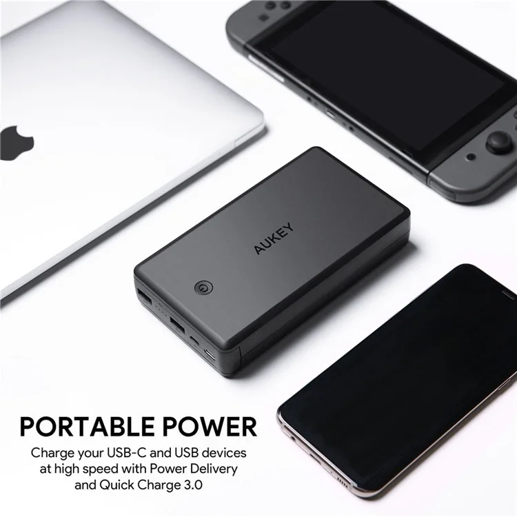 AUKEY PB-Y7 30000mAh Portable USB-C Quick Charge 3.0 Power Bank with Power Deliver