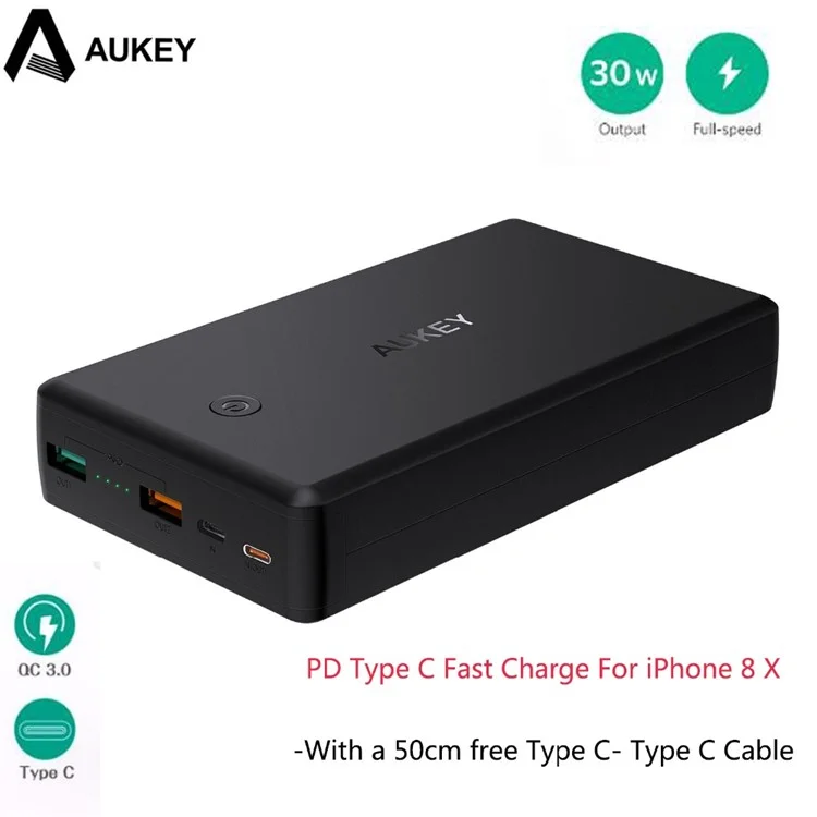 AUKEY PB-Y7 30000mAh Portable USB-C Quick Charge 3.0 Power Bank with Power Deliver