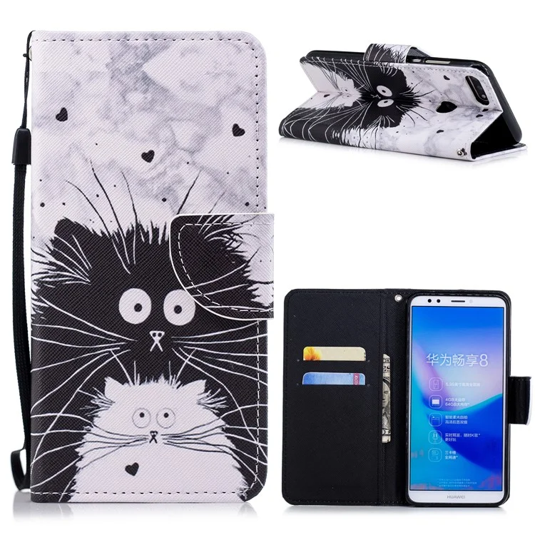 Pattern Printing Leather Wallet Case for Huawei Honor 7C / Enjoy 8 / Y7 Prime (2018) - Black and White Cat