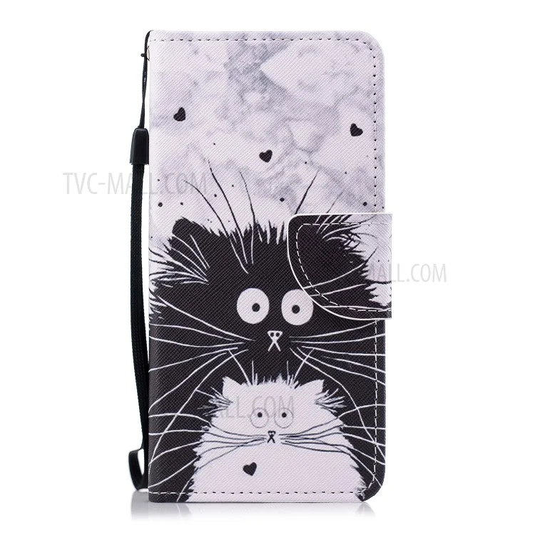 Pattern Printing Leather Wallet Case for Huawei Honor 7C / Enjoy 8 / Y7 Prime (2018) - Black and White Cat