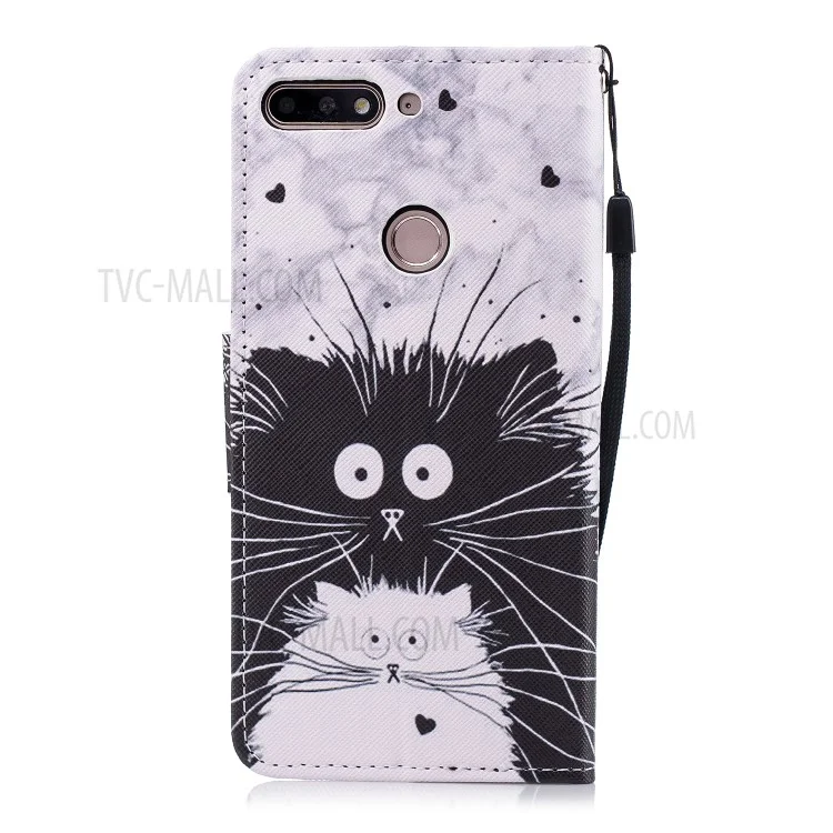 Pattern Printing Leather Wallet Case for Huawei Honor 7C / Enjoy 8 / Y7 Prime (2018) - Black and White Cat