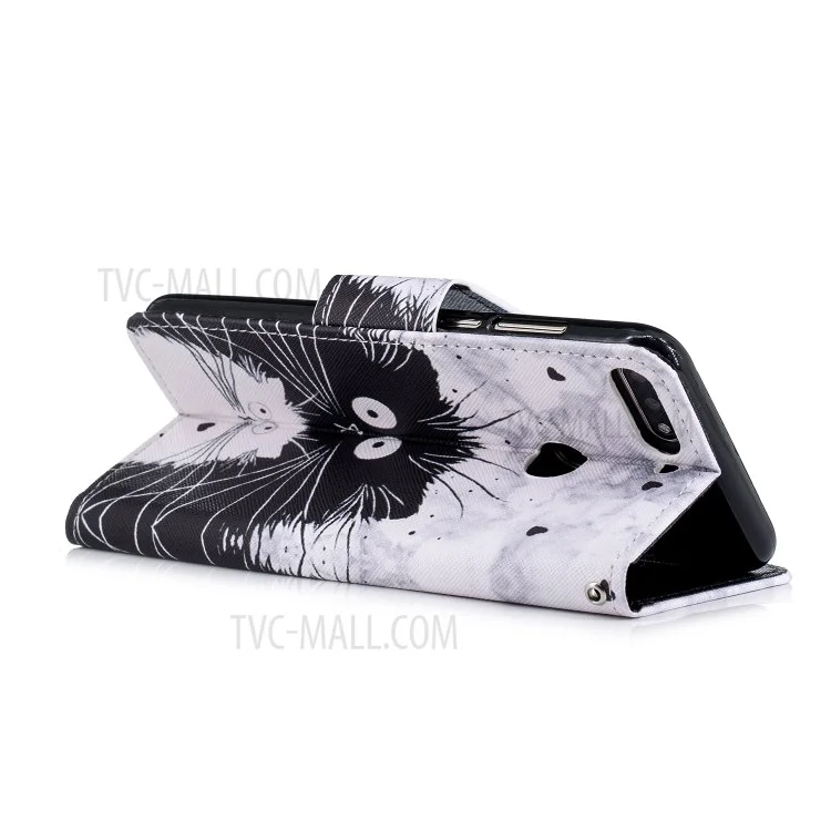 Motif Imprimer en Cuir Portefeuille Pour Huawei Honor 7c / Profitez de 8 / Y7 Prime (2018) - Chat Noir et Blanc