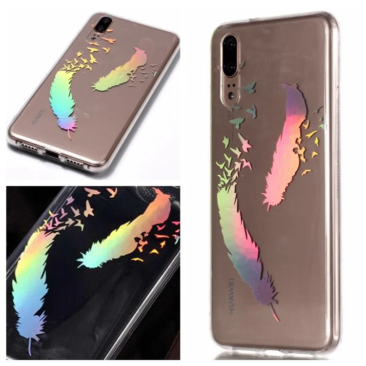 Colorful Laser Carving Patterned TPU Case for Huawei P20 - Two Feathers