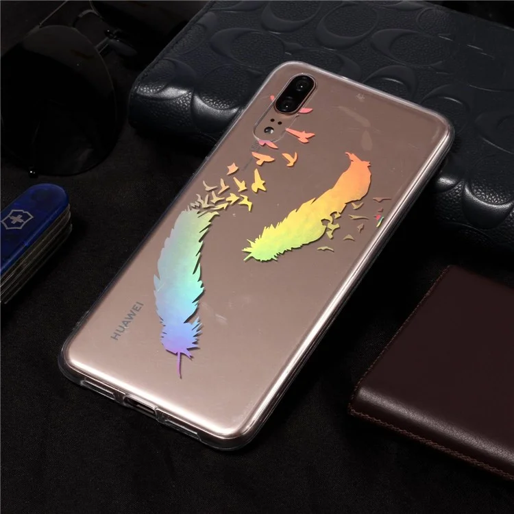 Colorful Laser Carving Patterned TPU Case for Huawei P20 - Two Feathers
