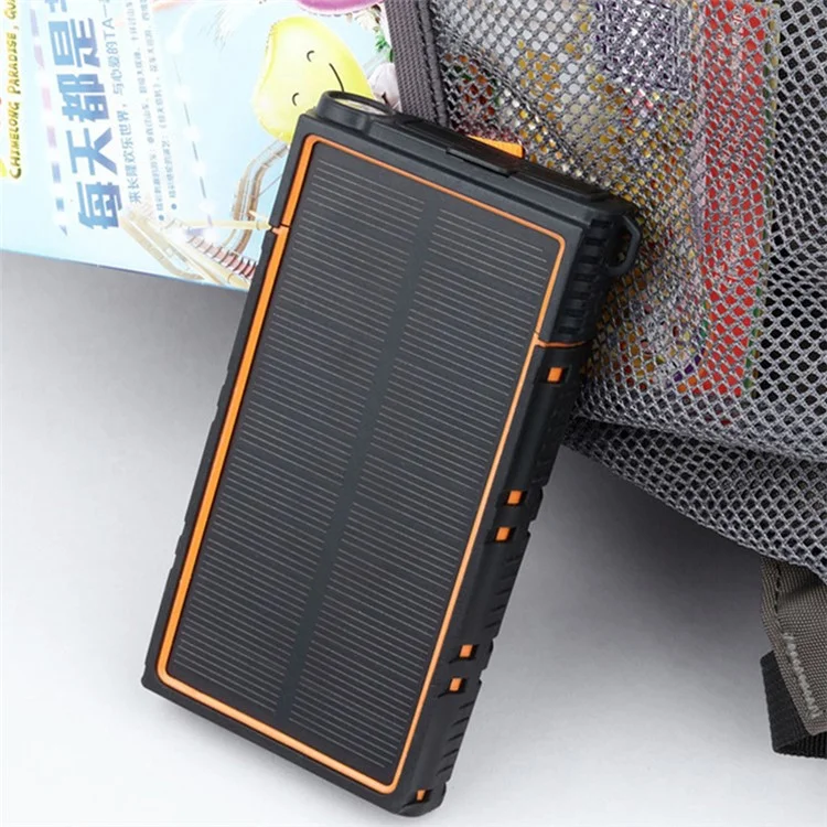 Banque d'alimentation solaire externe étanche, antichoc et anti-poussière de 10 000 mAh avec double USB et lampe de poche - Orange