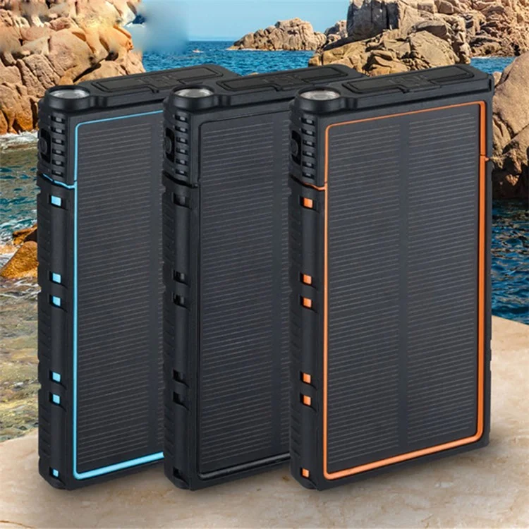 Banque d'alimentation solaire externe étanche, antichoc et anti-poussière de 10 000 mAh avec double USB et lampe de poche - Orange