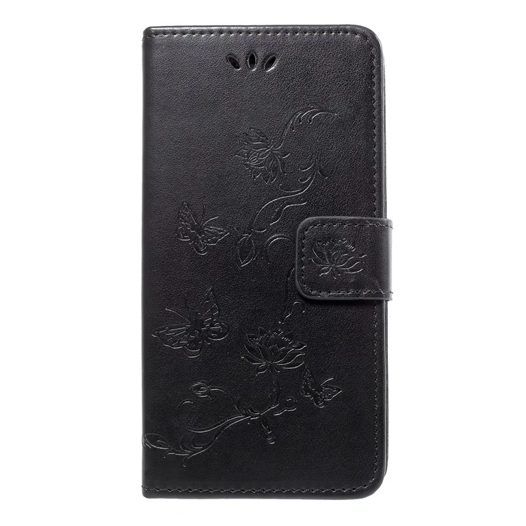Imprint Butterfly Flowers Leather Wallet Case for Huawei Honor 10 - Black