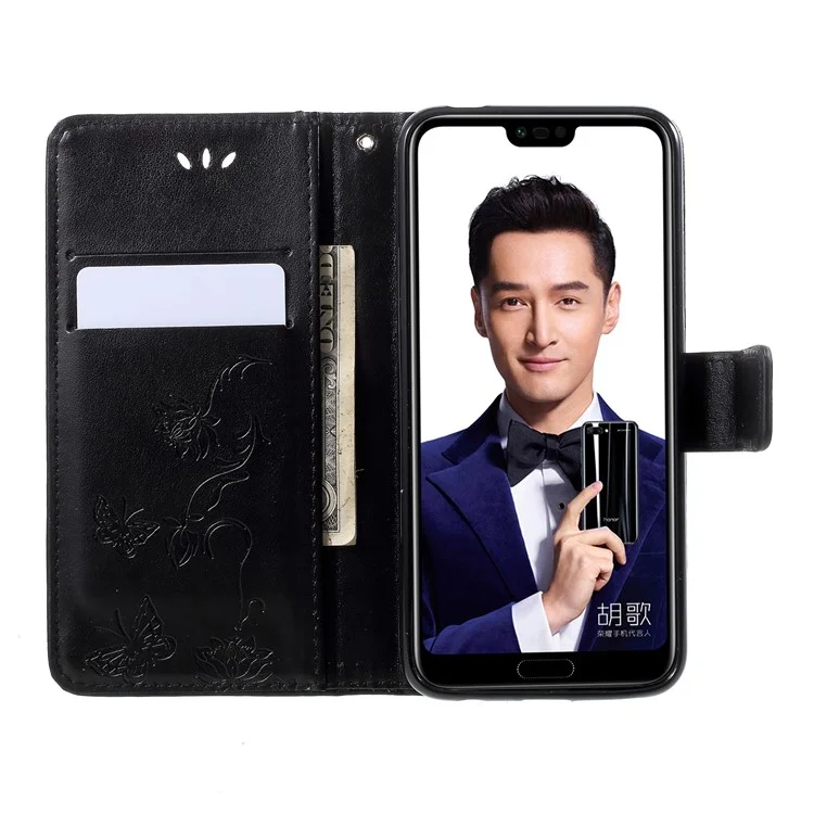 Imprint Butterfly Flowers Leather Wallet Case for Huawei Honor 10 - Black