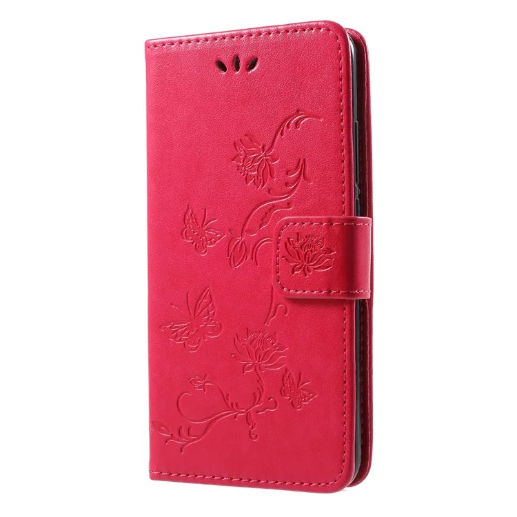 Imprint Butterfly Flowers Leather Wallet Shell Case for Huawei Honor 10 - Rose