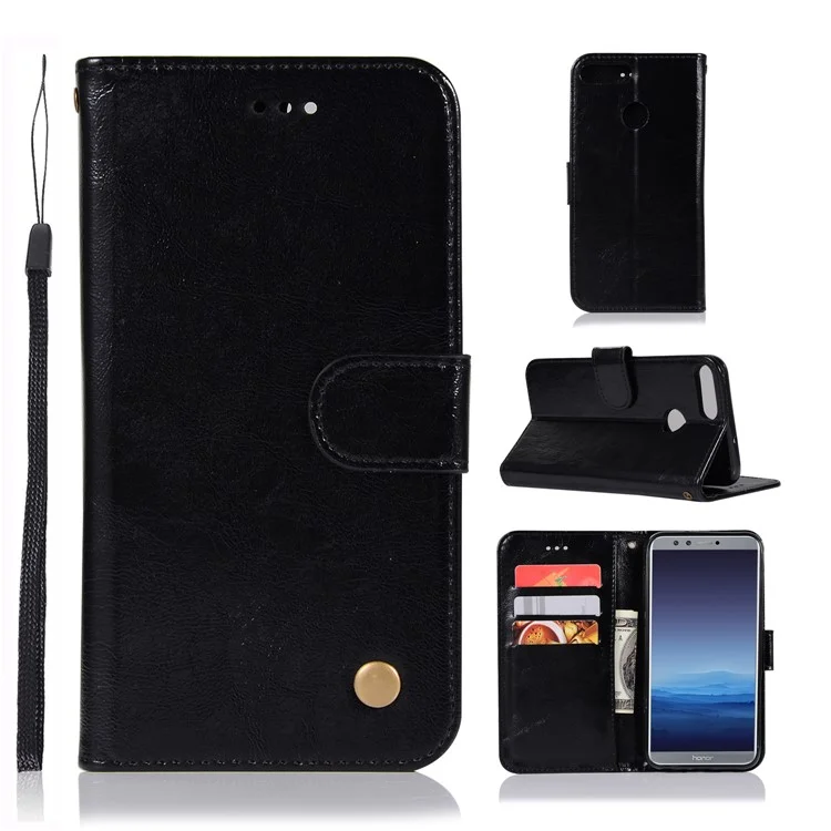 Retro Style PU Leather Folio Flip Cell Phone Case for Huawei P Smart/Enjoy 7S - Black