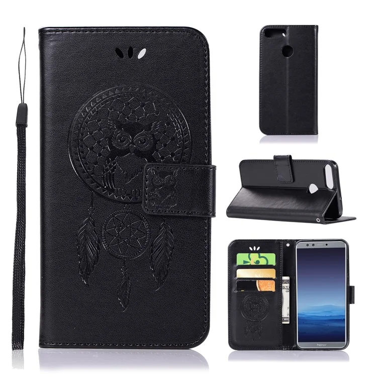 Imprint Owl Dream Catcher Wallet Stand Leather Case for Huawei P Smart/Enjoy 7S - Black