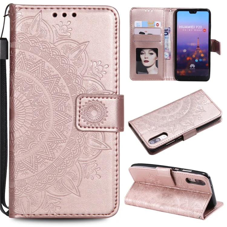 Impressão Mandola Flor Stand Wallet Couro de Couro Para Huawei P20 - Rosa Ouro