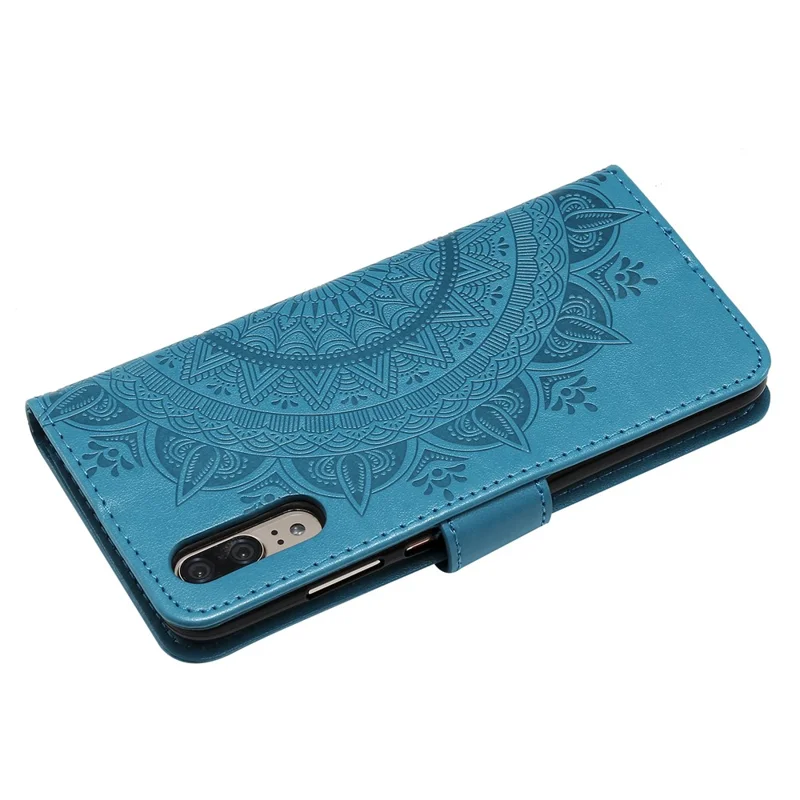 Imprint Mandala Flower Stand Wallet Leather Protective Case for Huawei P20 - Blue