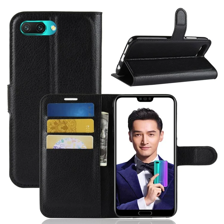 Portafoglio di Texture Litchi Wallet Cuoio in Pelle Per Huawei Onore 10 - Nero