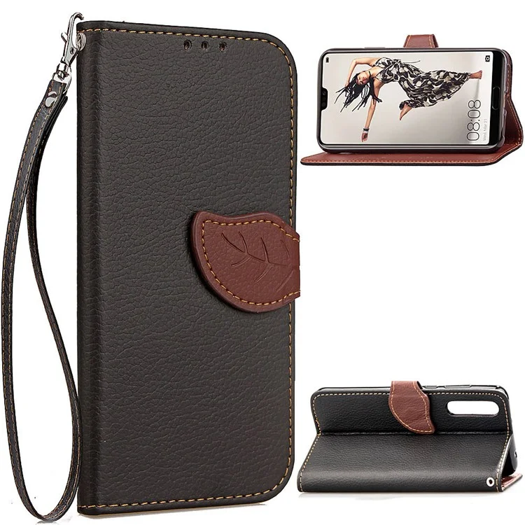 Leaf Shape Magnetic Flap Leather Wallet Case for Huawei P20 - Black