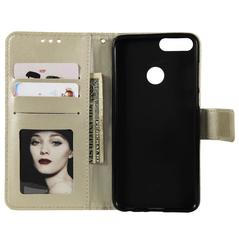 Imprint Butterfly Flower Wallet Leather Stand Case for Huawei P Smart / Enjoy 7S - Champagne Gold