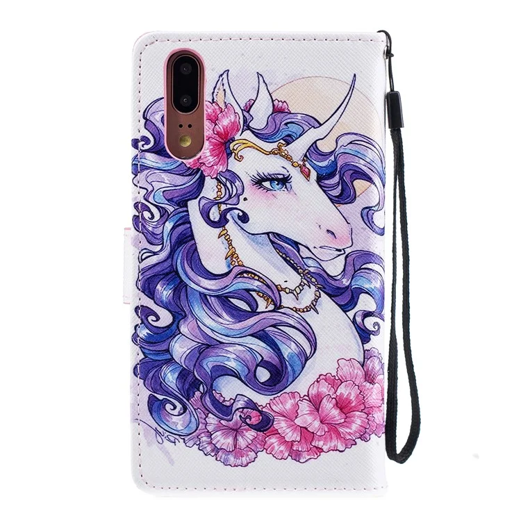 Pattern Printing Wallet Stand Leather Flip Case for Huawei P20 - Pretty Unicorn