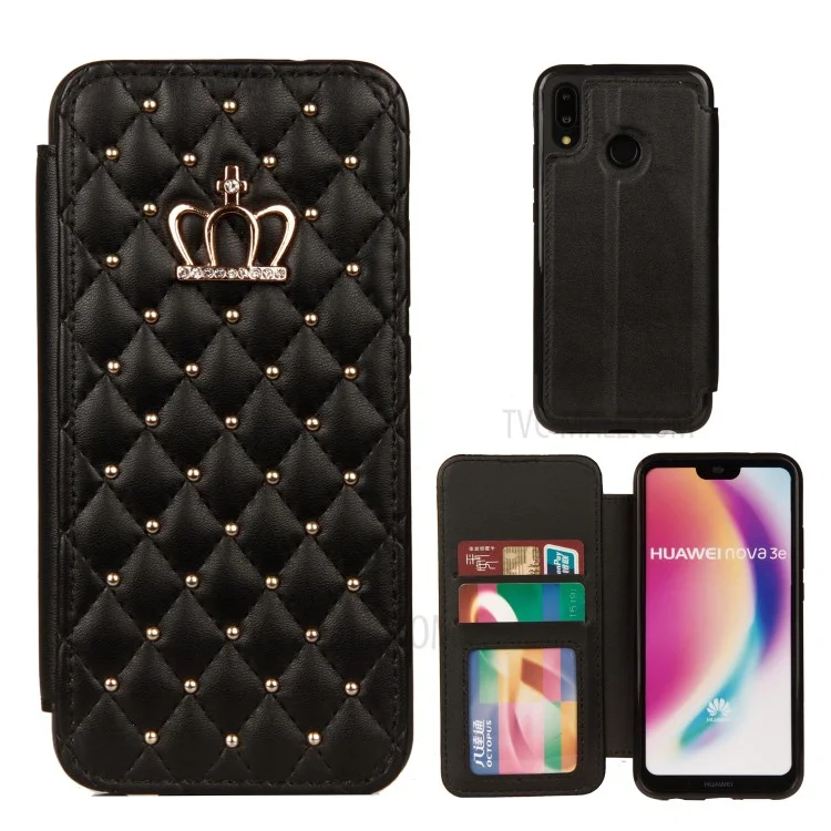 Caso de Couro de Rhombus Crown Stitching Com Slots de Cartão Para Huawei P20 Pro - Preto