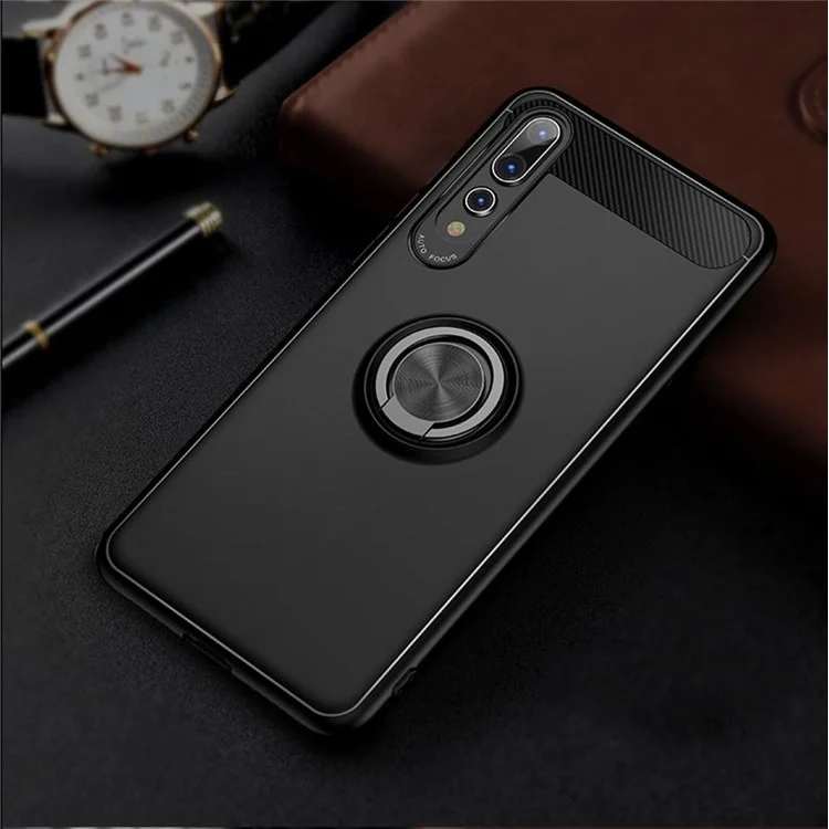 For Huawei P20 Rotating Ring Kickstand TPU Phone Case (Built-in Magnetic Metal Sheet) - Black