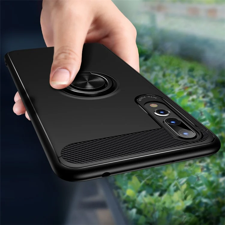 For Huawei P20 Rotating Ring Kickstand TPU Phone Case (Built-in Magnetic Metal Sheet) - Black