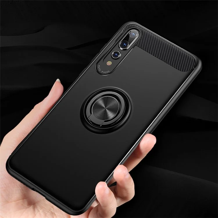 For Huawei P20 Rotating Ring Kickstand TPU Phone Case (Built-in Magnetic Metal Sheet) - Black