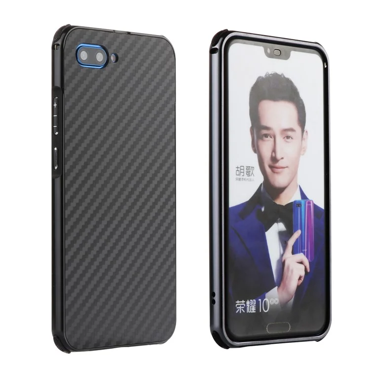 Electroplated Aluminum Alloy Bumper + Carbon Fiber PC Back Panel Slide-on Case for Huawei Honor 10 - Black