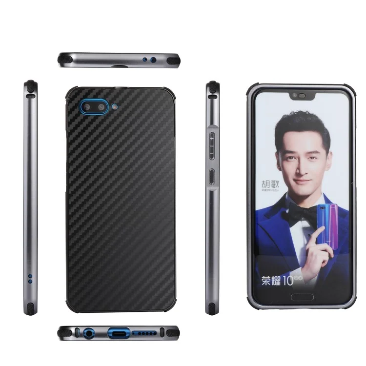 Electroplated Aluminum Alloy Bumper + Carbon Fiber PC Back Panel Slide-on Case for Huawei Honor 10 - Black