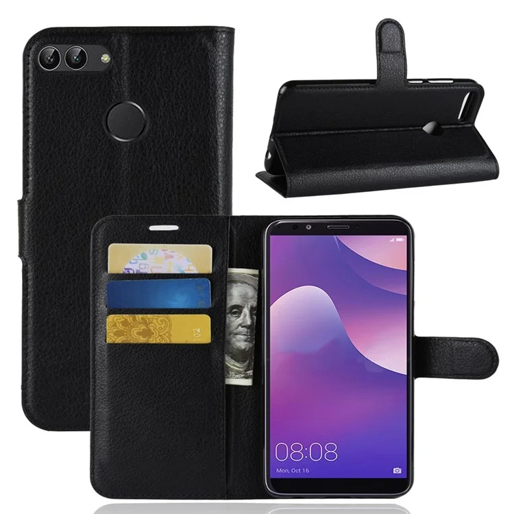 Litchi Grain PU Leather Stand Wallet Phone Case for Huawei Y9 (2018)/Enjoy 8 Plus - Black