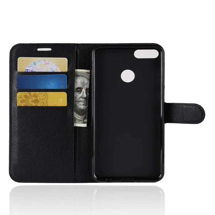 Litchi Grain PU Leather Stand Wallet Phone Case for Huawei Y9 (2018)/Enjoy 8 Plus - Black