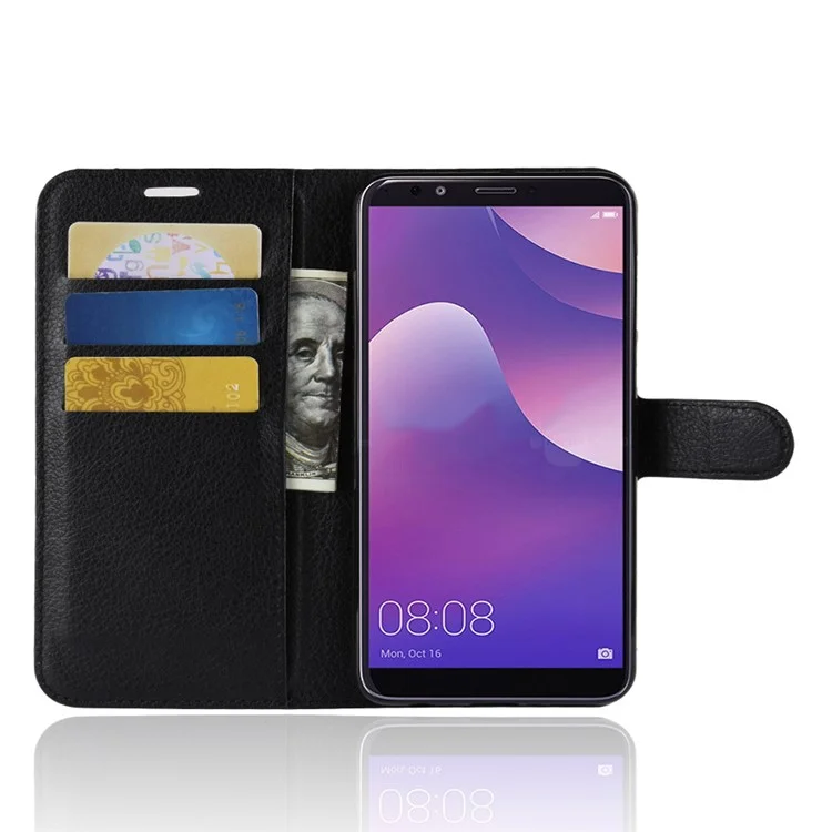 Litchi Grain PU Leather Stand Wallet Phone Case for Huawei Y9 (2018)/Enjoy 8 Plus - Black