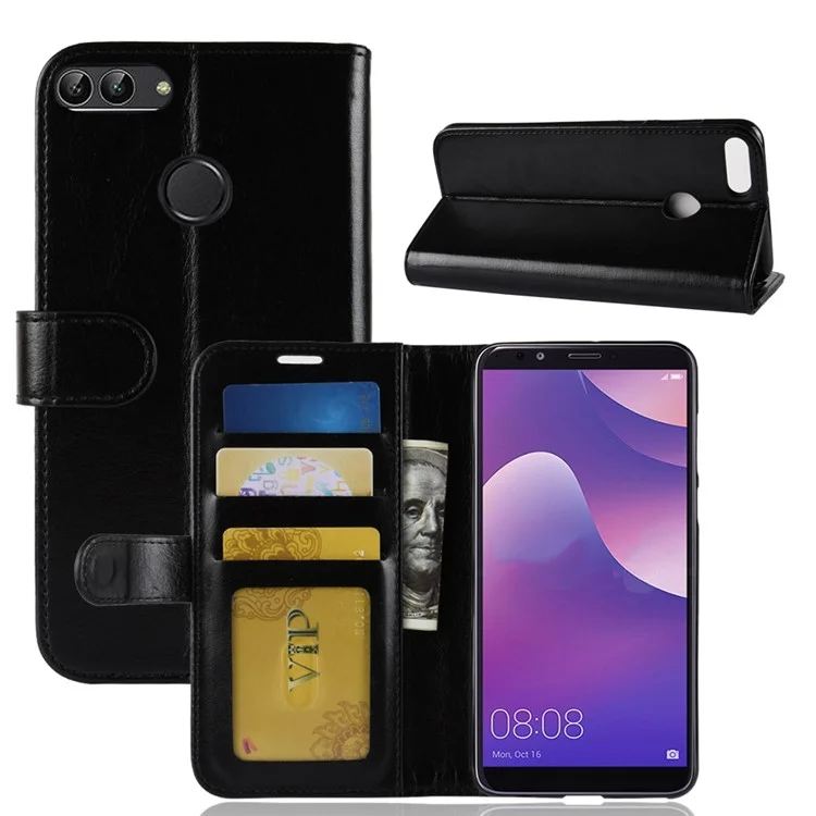 Crazy Horse Texture PU Leather Wallet Phone Case Cover for Huawei Y9 (2018) / Enjoy 8 Plus - Black