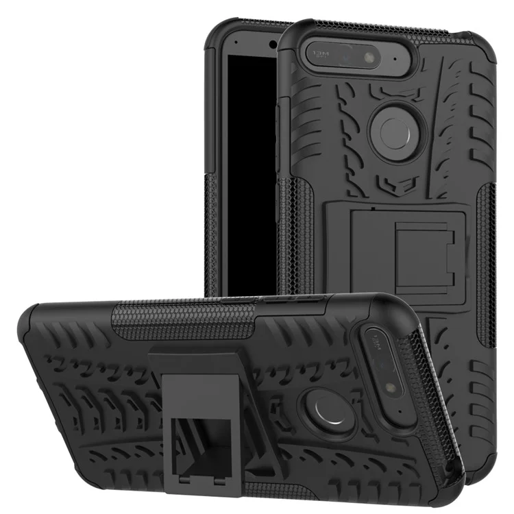 2-in-1 Tyre Pattern Kickstand PC + TPU Hybrid Case for Huawei Honor 7A (with Fingerprint Sensor)/Honor 7A Pro/ Enjoy 8E - Black