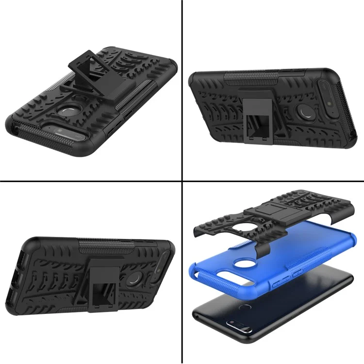 2-in-1 Tyre Pattern Kickstand PC + TPU Hybrid Case for Huawei Honor 7A (with Fingerprint Sensor)/Honor 7A Pro/ Enjoy 8E - Black