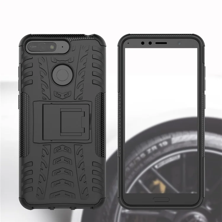 2-in-1 Tyre Pattern Kickstand PC + TPU Hybrid Case for Huawei Honor 7A (with Fingerprint Sensor)/Honor 7A Pro/ Enjoy 8E - Black