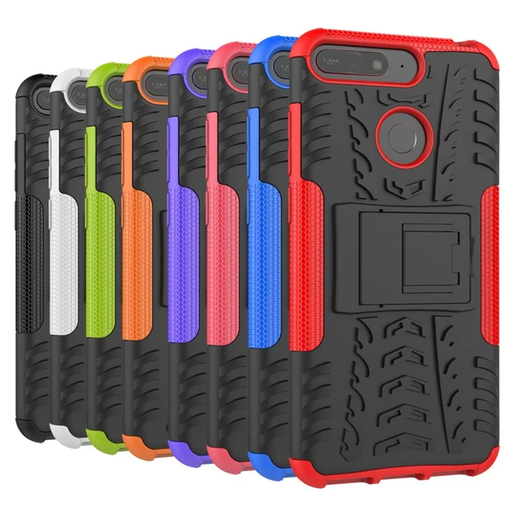 2-in-1 Tyre Pattern Kickstand PC + TPU Hybrid Case for Huawei Honor 7A (with Fingerprint Sensor)/Honor 7A Pro/ Enjoy 8E - Black
