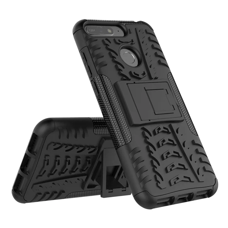 2-in-1 Tyre Pattern Kickstand PC + TPU Hybrid Case for Huawei Honor 7A (with Fingerprint Sensor)/Honor 7A Pro/ Enjoy 8E - Black