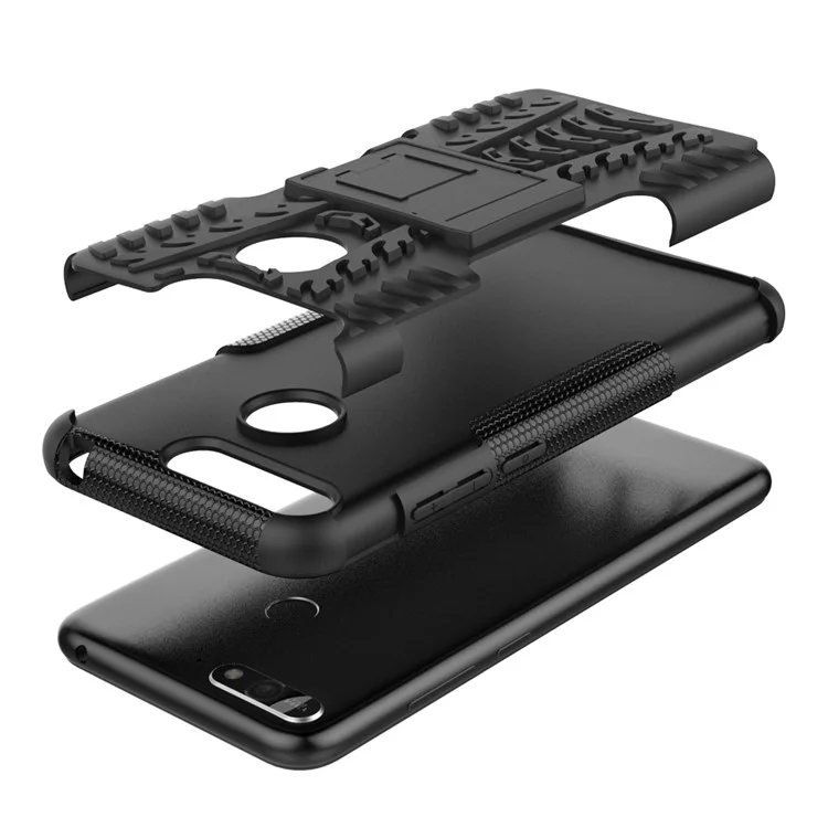 2-in-1 Tyre Pattern Kickstand PC + TPU Hybrid Case for Huawei Honor 7A (with Fingerprint Sensor)/Honor 7A Pro/ Enjoy 8E - Black
