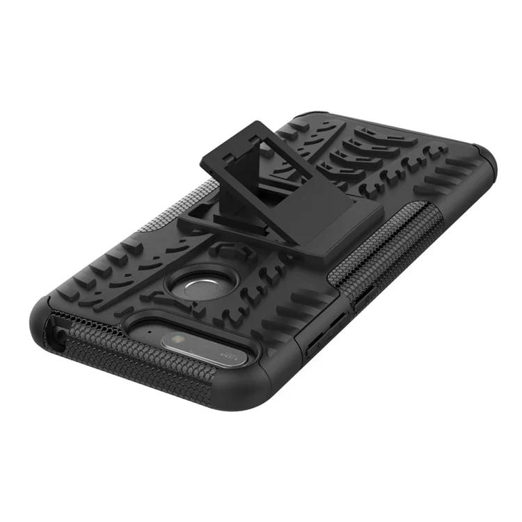 2-in-1 Tyre Pattern Kickstand PC + TPU Hybrid Case for Huawei Honor 7A (with Fingerprint Sensor)/Honor 7A Pro/ Enjoy 8E - Black