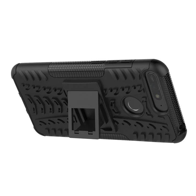 2-in-1 Tyre Pattern Kickstand PC + TPU Hybrid Case for Huawei Honor 7A (with Fingerprint Sensor)/Honor 7A Pro/ Enjoy 8E - Black