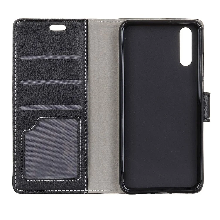 Litchi Skin PU Leather Folio Flip Cell Phone Cover for Huawei P20 Pro - Black