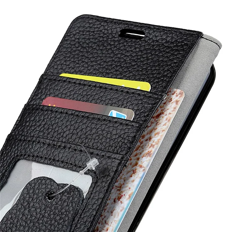 Litchi Skin Wallet Stand Genuine Leather Shell for Huawei Honor 9i (2018, 5.84-inch) - Black