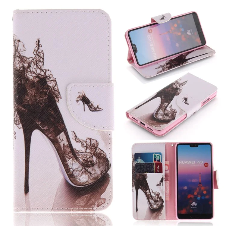 Patterned Leather Wallet Stand Cover for Huawei P20 - High-heeled Shoes