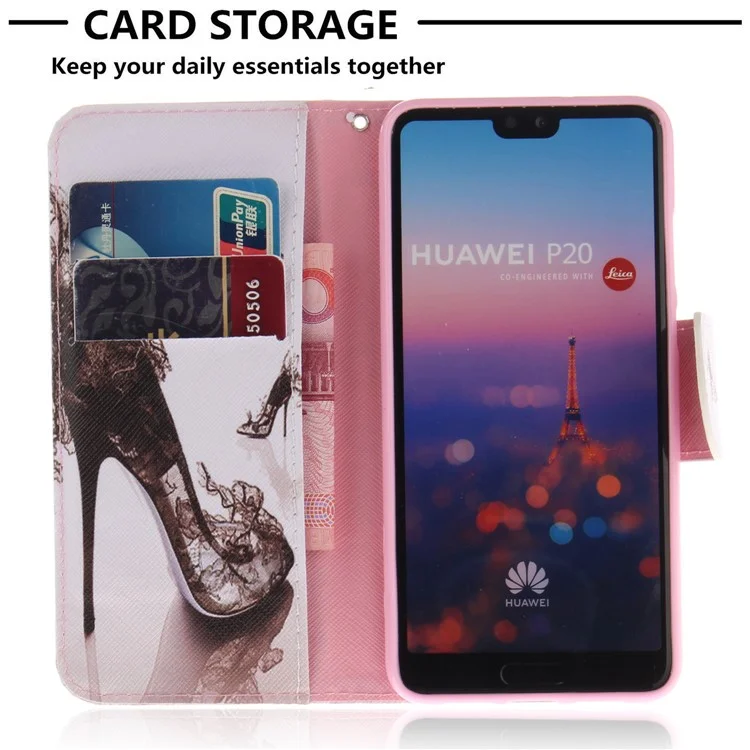 Patterned Leather Wallet Stand Cover for Huawei P20 - High-heeled Shoes