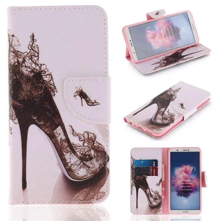 Pattern Printing Leather Wallet Mobile Case Accessory for Huawei P Smart/Enjoy 7S - High-heeled Shoes