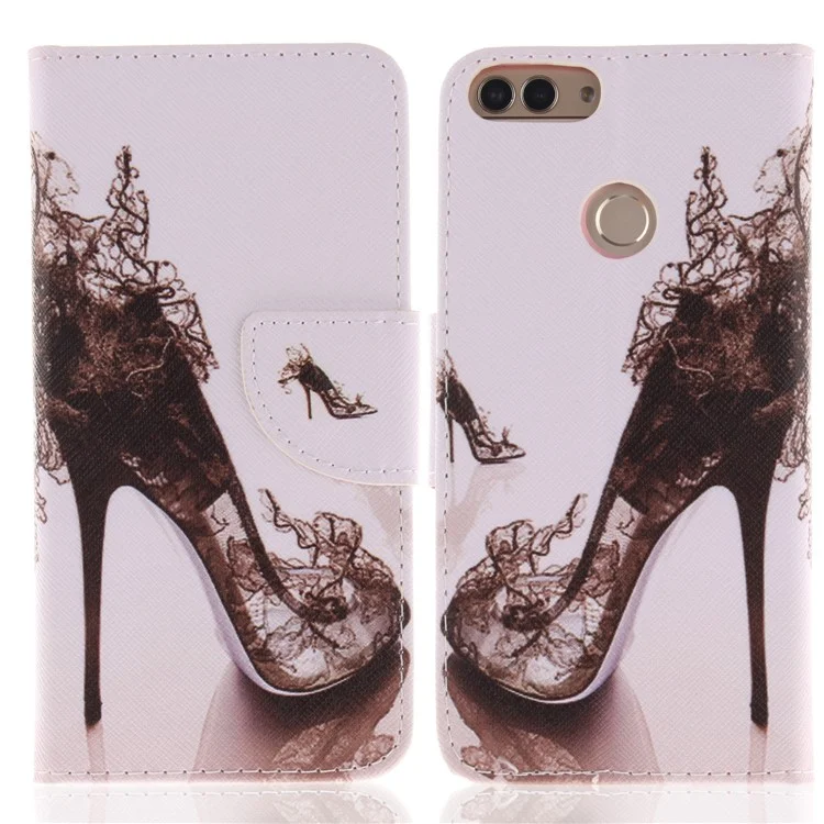 Pattern Printing Leather Wallet Mobile Case Accessory for Huawei P Smart/Enjoy 7S - High-heeled Shoes