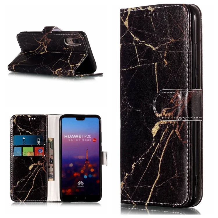 Pattern Printing Wallet Stand Leather Flip Casing Cover for Huawei P20 - Black Marble