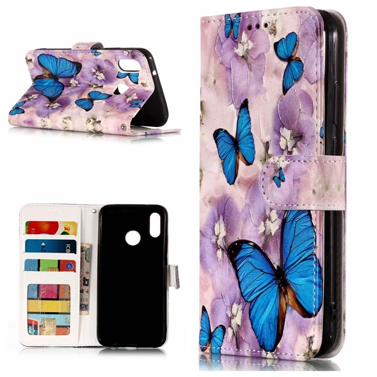 Pattern Printing Embossed Leather Wallet Case for Huawei P20 Lite / Nova 3e - Blue Butterfly