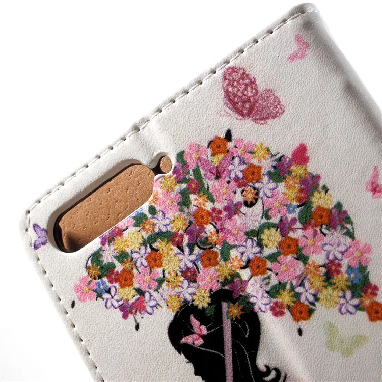 Patterned Stand Leather Wallet Case for Huawei Y6 (2018)/Honor 7A (without Fingerprint Sensor) - Flowered Girl Holding Umbrella