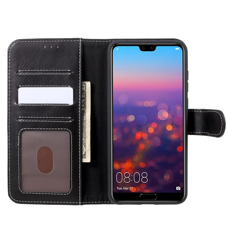 KAIYUE Stand Wallet Genuine Leather Folio Flip Mobile Phone Shell for Huawei P20 Pro - Black